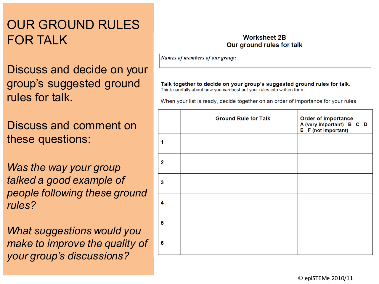 Our Ground Rules for Talk presentation slide. Groups are asked to discuss and decide on ground rules for talk, and a worksheet to fill in is provided.